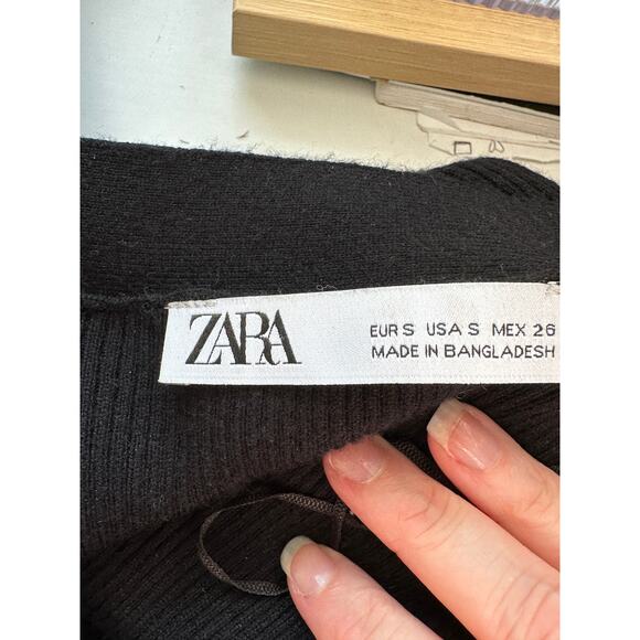 Zara Black Ribbed V-Neck Front Button Long Sleeve Cardigan Sweater S - Picture 7 of 9